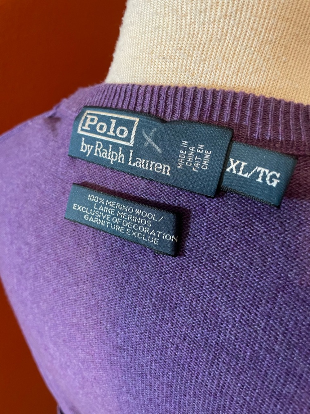 Polo Ralph Lauren Men’s Vintage 100% Merino Wool Purple V Neck Preppy Sweater - Picture 2 of 4